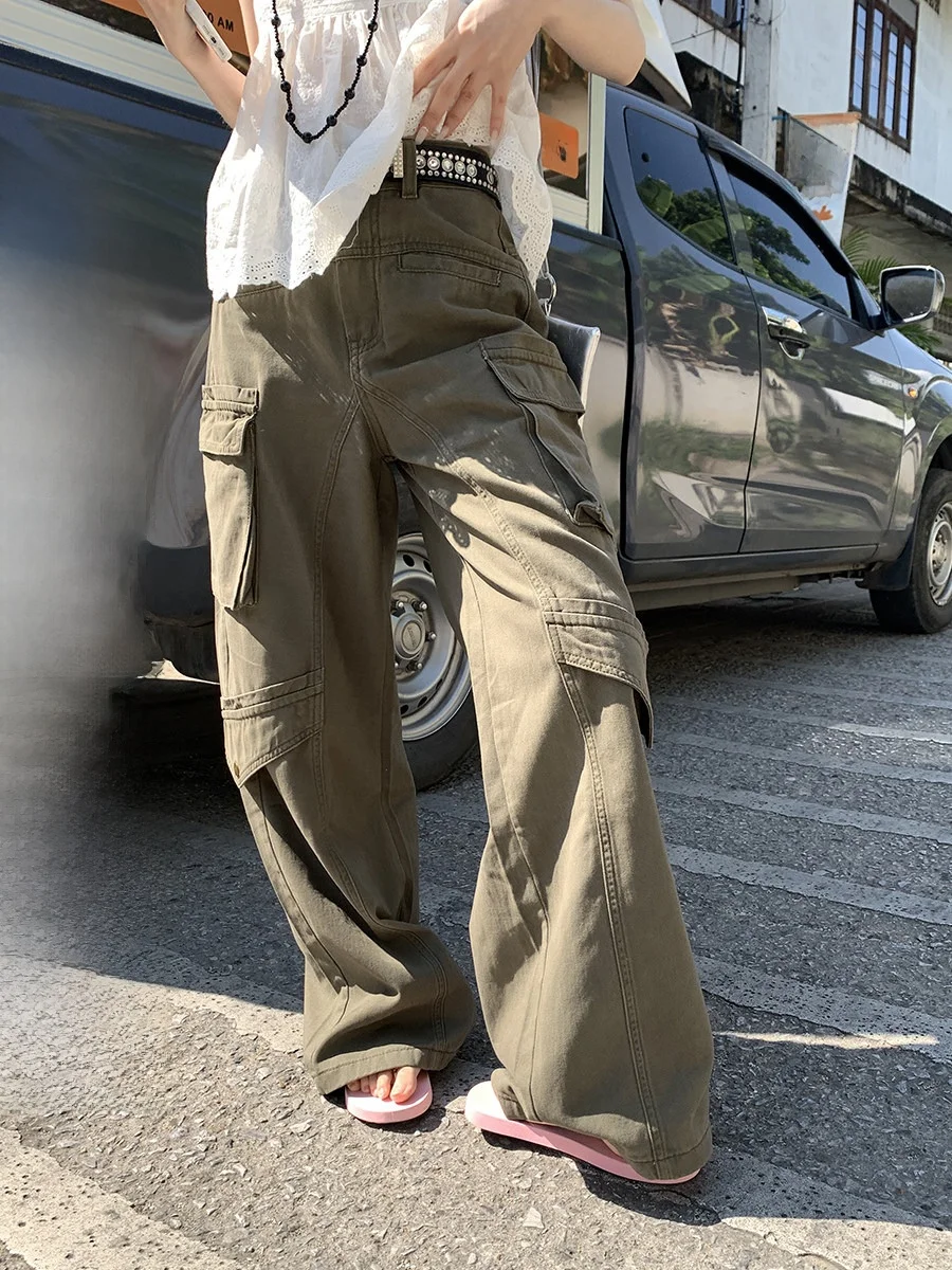 

Джинсы Sinbounboun American Sle Haome Workwear с широкими штанинами, повседневные, с высокой талией, утягивающие, универсальные, с большими карманами