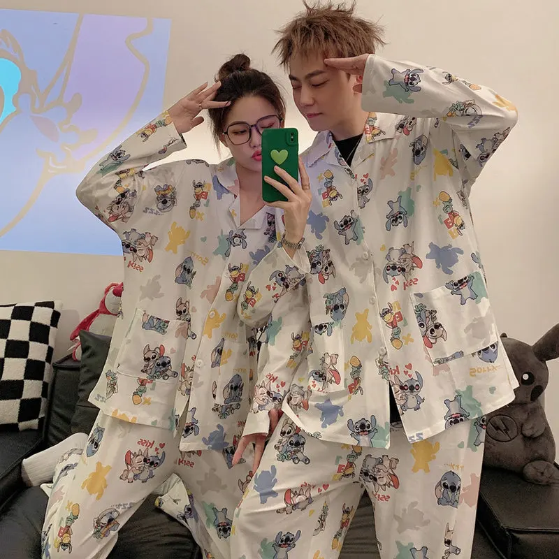 Couple Pajamas Women\'s Cotton Spring and Autumn 2023 New Korean Long Sleeve Autumn Cartoon Men\'s Homewear Set