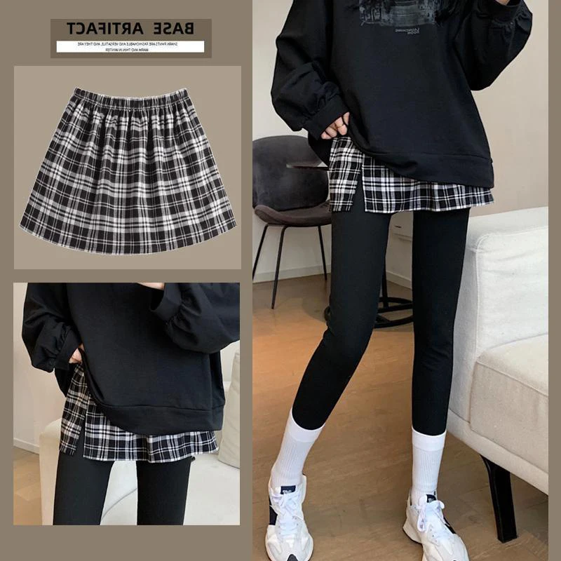 

Autumn Winter Plaid Women's Sweatshirt Base Layer Bottoming Large Size Skirt Cover Butt Casual High Waist A-Line Dress