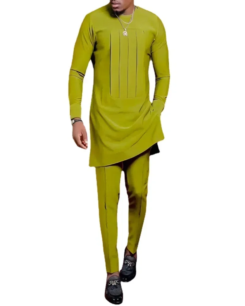 LIBIELIY Four Seasons New Fashion Men's 2 Pieces Sets Afirican Syle Ethinic Casual Yellow-green Clothes And Pants Muslim Men Clo