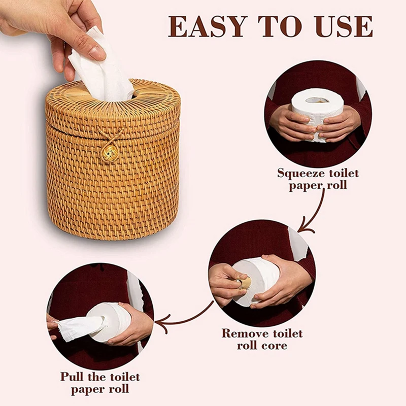 2Pcs Toilet Paper Cover Wicker Decorative Holders With Lid For Storage Single Roll And Tissues