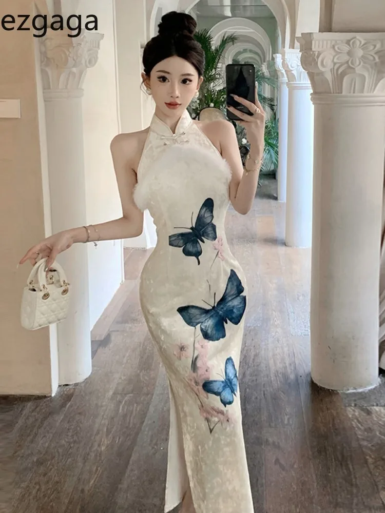 Ezgaga Dresses Women Sexy Elegant Butterfly Printed Furry Patchwork Velvet Sleeveless Spring New Vintage Temperament Dress