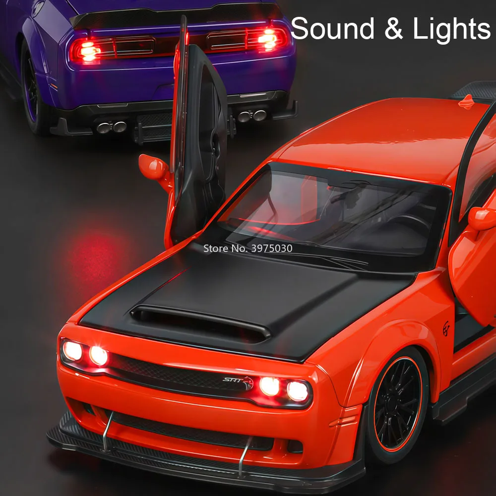 1:32 Dodge Challenger SRT Hellcat Modellautos Spielzeug mit Licht Sound Miniatur Supercar Rad Zurückziehen Fahrzeug Jungen Geburtstagsgeschenke