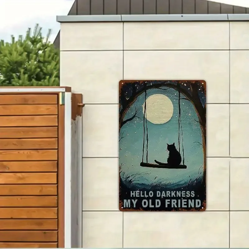 Vintage Wall Decoration Metal Plaque Black Cat Hello Darkness My Old Friend Iron Painting Wall Art Nostalgic Tin Sign
