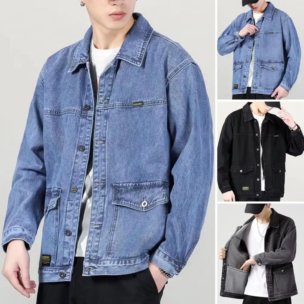 1Pc Men Denim Jacket Lapel Button Closure Long Sleeve Jacket Coat with Large Pockets Spring Autumn Cargo Outwear for Daily Wear