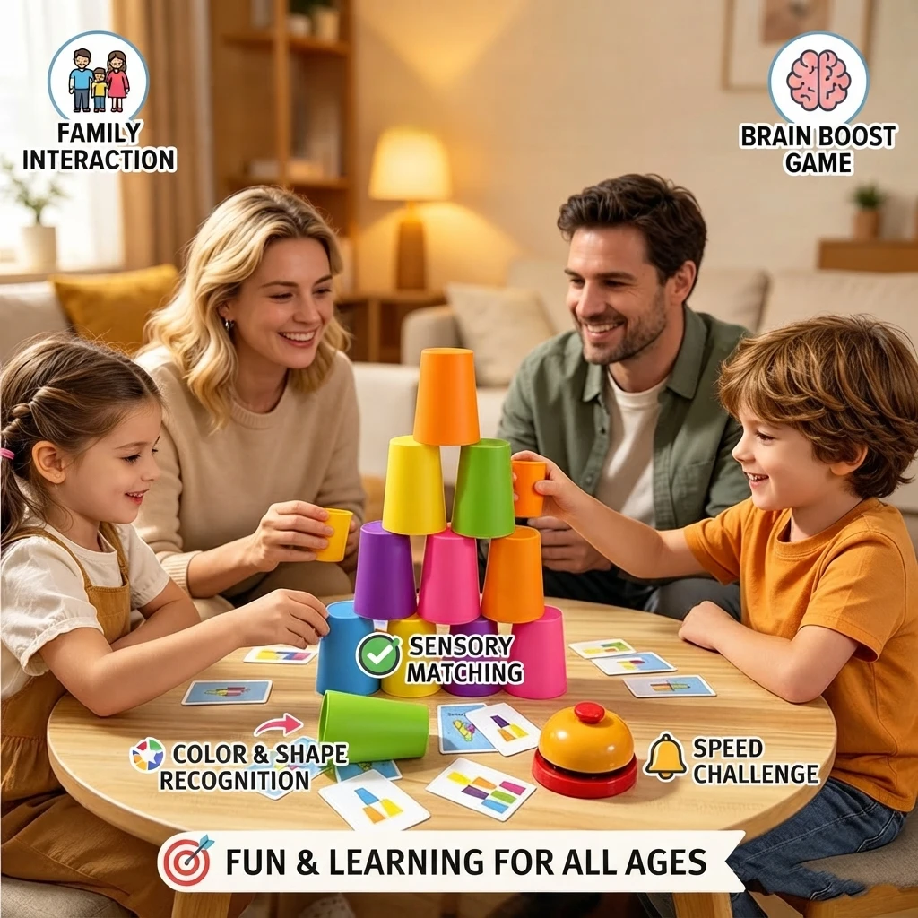 Viral Montessori Speed Stacking Cup Game, Color‑Shape Toy with Cards & Bell, Screen‑Free Multiplayer for Kids 3+