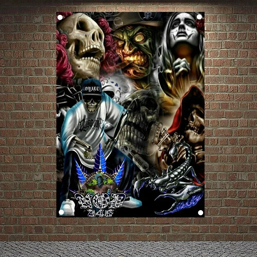 Skull Death Art Banner Canvas Painting Chicano Tattoo Art Posters and Prints Wall Hanging Flag Wall Sticker Home Decor Tapestry