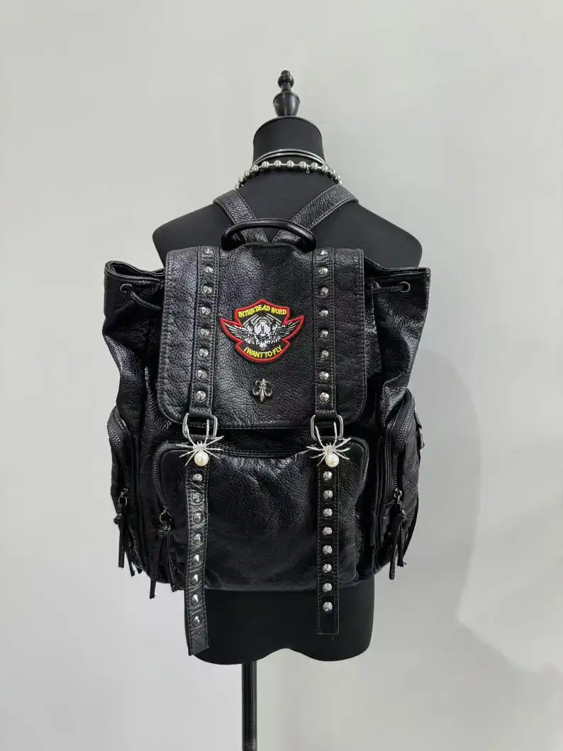 Y2k Goth PU Leather Backpack Studded Chain Laptop Bag High Street Punk  Backpack for Men and Women