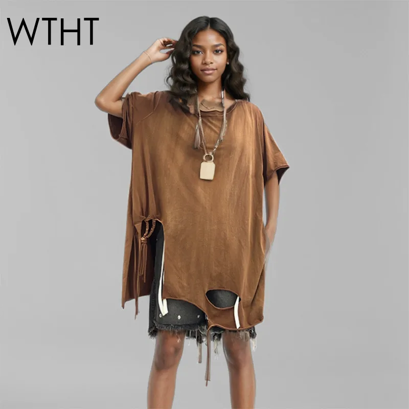 

WTHT New Fashion Women's Hole Bandage Tassel Design T-shirt 2025 Spring Trendy Round Neck Short Sleeves Tops Female 1LS1152
