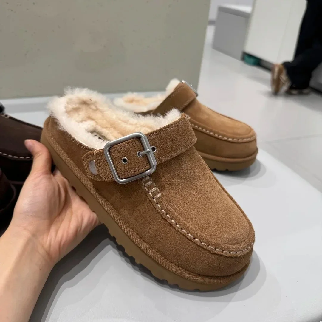 2026 Winter New Outdoor Leisure Walking Round-headed Slippers Women's Plus Size Plus Velvet Warm Thick-soled Cotton Slippers
