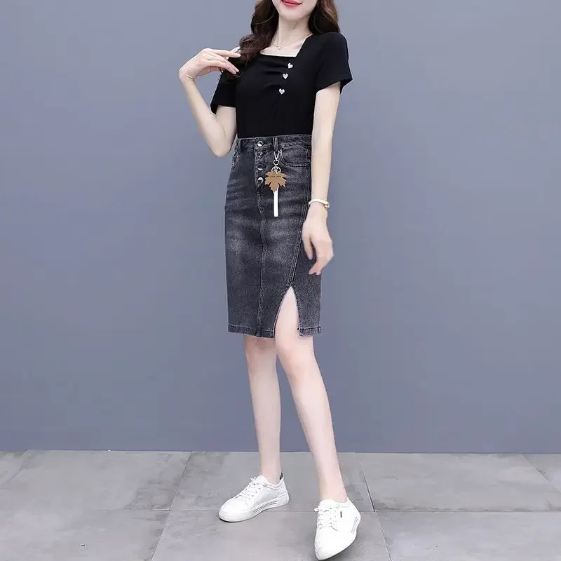 

Black Women's Denim Skirt with Pocket Female Jeans Skirts Short Sexy Slit Midi Chubby Coquette Mini Y2k Vintage Premium Modest V