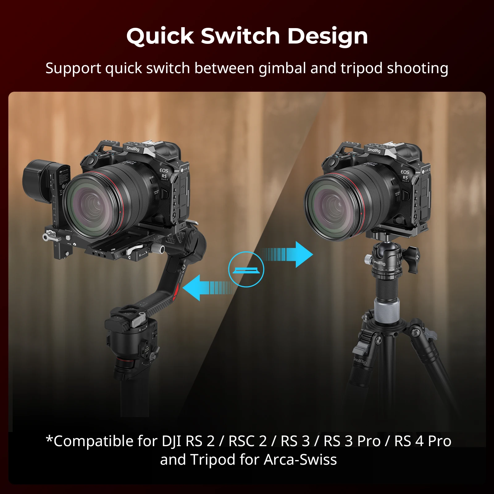 قفص SmallRig R5 II لقفص فيديو كاميرا Canon EOS R5 Mark II مصنوع من خليط معدني مع حامل حذاء بارد، 1/4 بوصة - 20 و3/8 بوصة - 16 فتحة، لوحة أركا