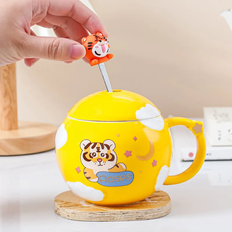 Year of the Tiger Cartoon Ceramic Cup Cute Girls Water Cup Holiday Gift With Lid And Milk Mug Spoon Practical Gift Cup