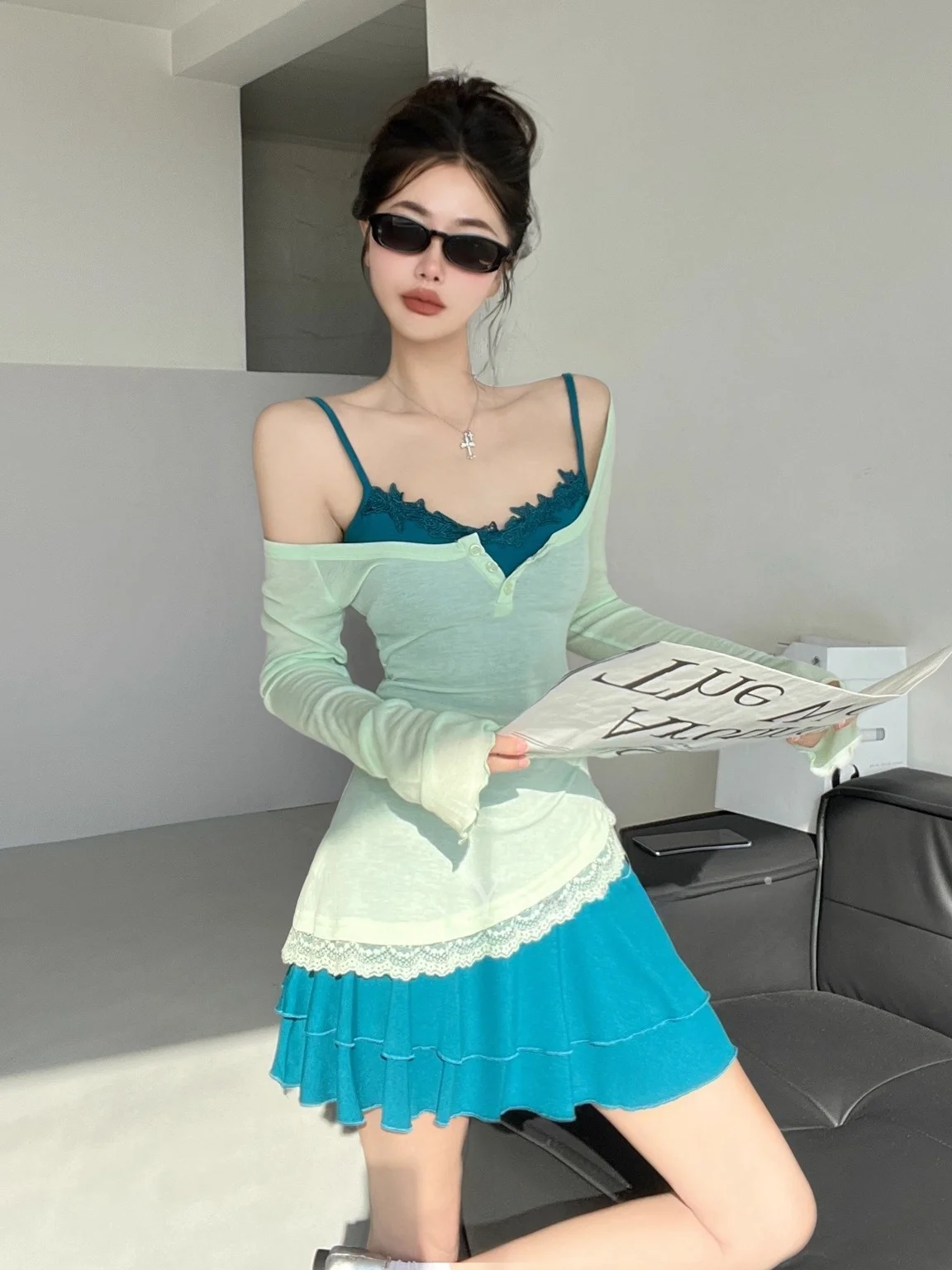 طقم مكون من قطعتين من Desert Princ Long Sve Lace Trim ter Dr لقضاء العطلات في الهواء الطلق وكام الشاطئ وتاريخ Par Ci Walk Tour