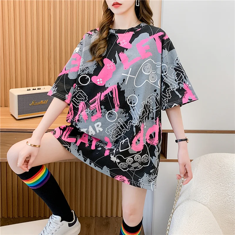 Loose Women\'s T-Shirt Short Sleeve Mid-Length plus Size 2024 New Summer Fashion Design Korean Style round Neck Polyester Blend