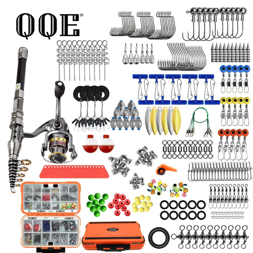 QQE 1.8M Carbon Fiber Telescopic Fishing Rod Kit, Complete Fishing Gear Set with Hard Tackle Box Lures Hooks Full Accessories