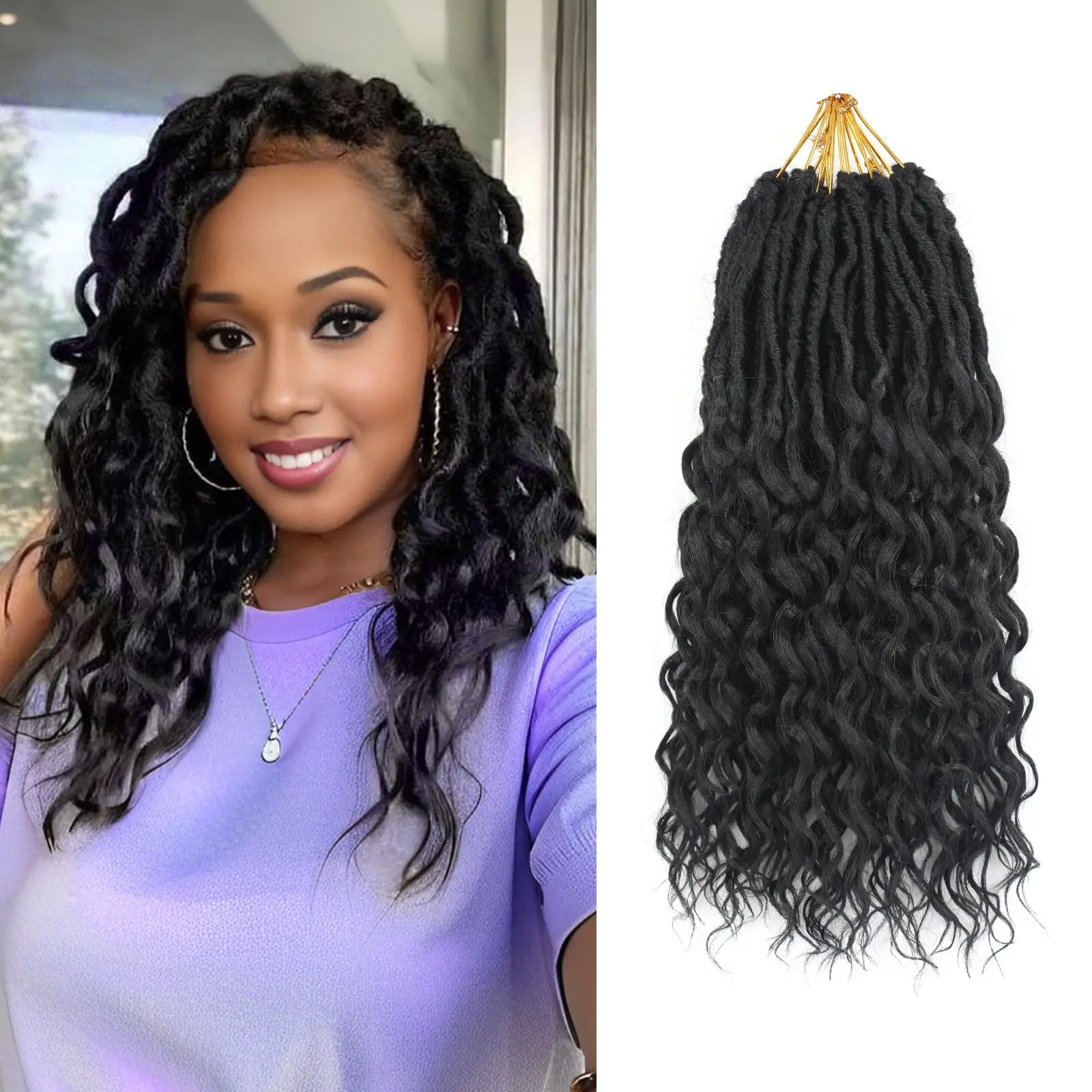 وصلات شعر كروشيه من Goddess Locs 12 حامل/حزمة 10 بوصة شعر فو لوكس مع أطراف مجعدة مموجة عميقة اصطناعية مموجة مسبقًا