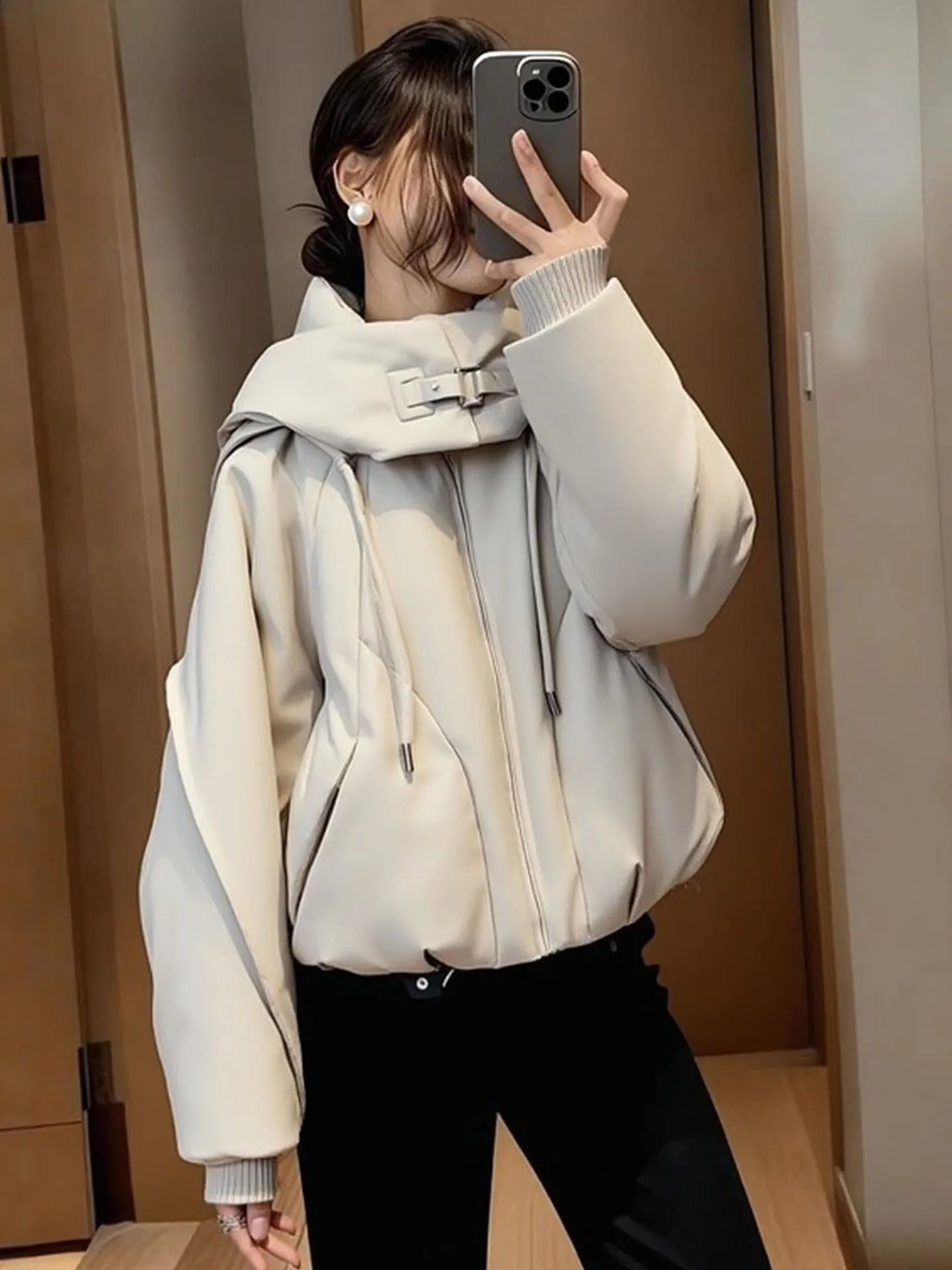 

Sli ort Puffer Jaet Women's Loose Fit Bread Sle Durable Warm Polyester Fiber White Du down Casual Winter Coat