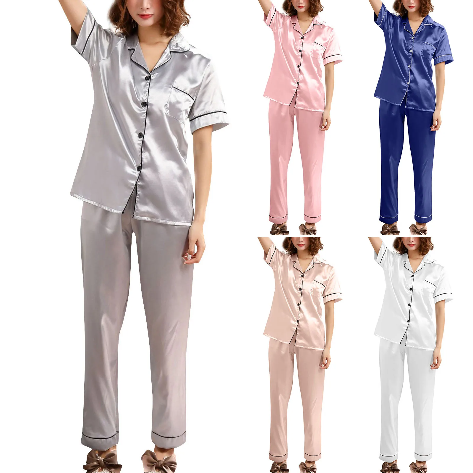 Solid Color Silk Satin Long Sleeve Turn Down Collar Pajama Sets For Women With Button Basics Casual Soft Home Fury Two Piece Set