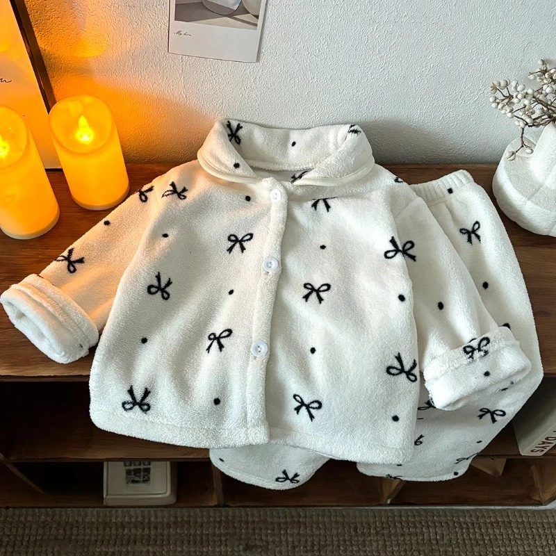 Double Faced Velvet Collared Kids' Two Piece Homewear Set Soft Plush Warmth for Autumn Winter School Compatible Layering Pajamas