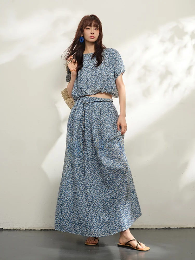 

Ele Silk Cotton High Waist Skirt Set with Blossom Design ort Sve round Ne Loose Fit Romantic Sle Summer Out...