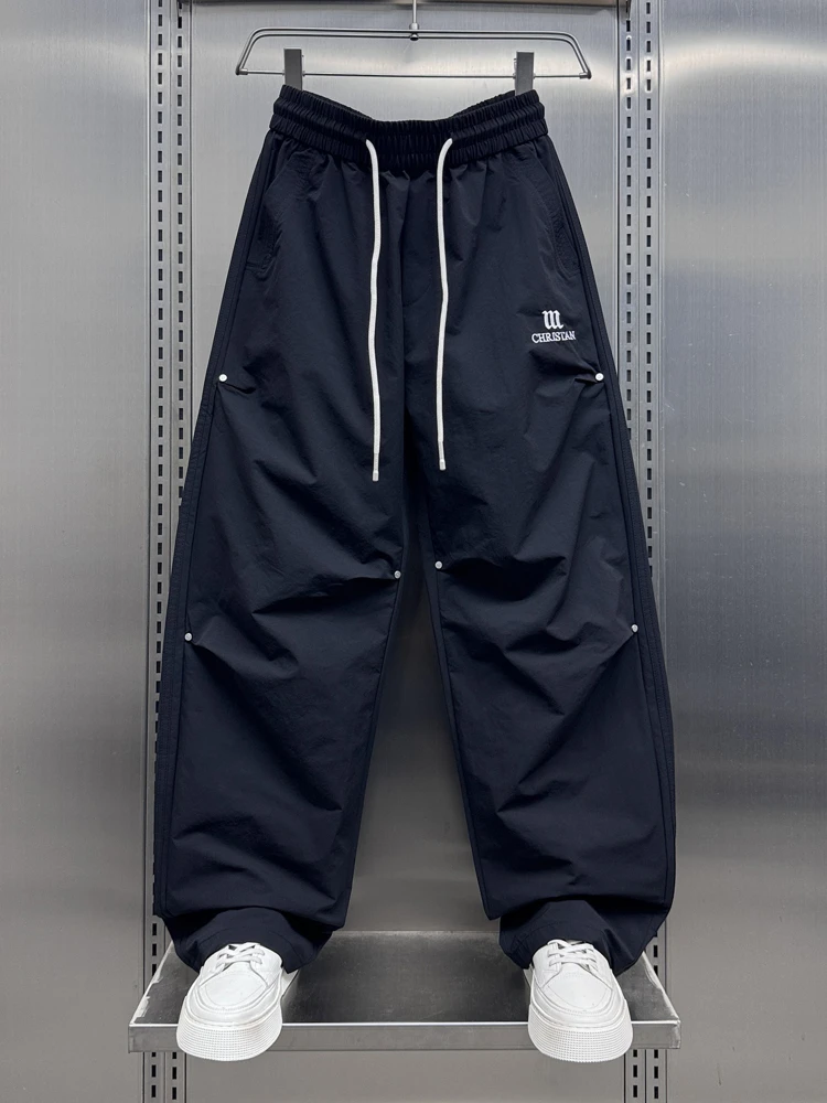 Retro japonês sle masculino solto ajuste perna reta calças de trabalho qui seco respirável dança rua perna larga calças paraquedista