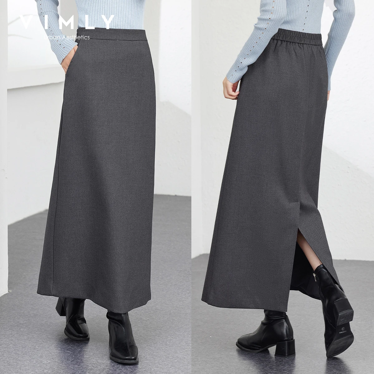 

VIMLY Women's Dark Gray Slit Midi Skirt 2026 Spring Autumn Office Ladies Fashion Elastic Waist Straight Long Pencil Skirts M8879