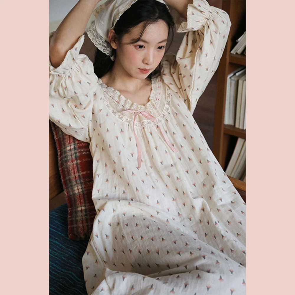 2026 New Women's Floral Printing Nightgown Loungewear Long Loose Fit Nightdress Double-layers 100% Cotton Yarn Sweet Gown Robe