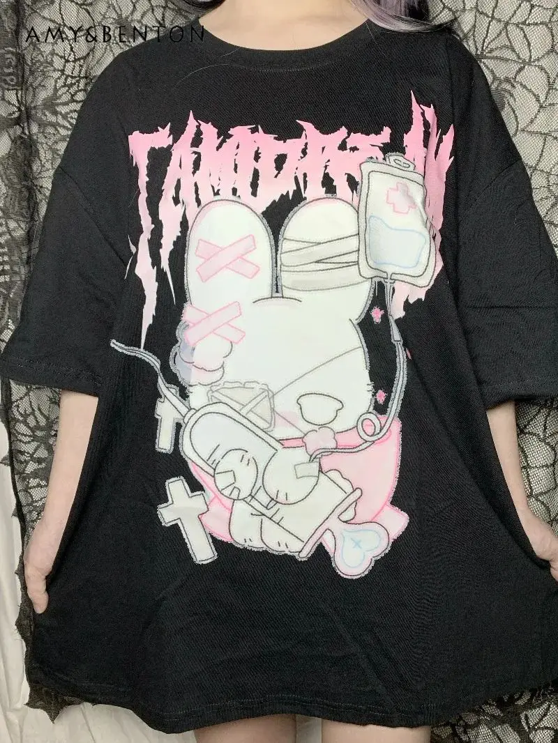 Subkultur Anime Niedlicher Aufdruck Massenproduzierte Dunkle Gothic-Shirts Street Punk Stil Übergroßes T-Shirt für Frauen Sommer Kurzarm – Detail 3