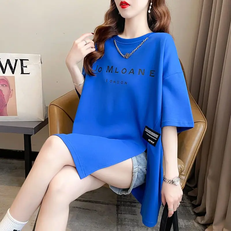 Short Sleeved T-shirt for Women in Summer Korean Loose Long Irregular Slit Tops Tees Woman