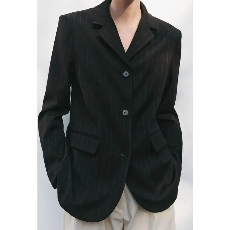 

mat Stripe Pattern Long Sve Suit Jaet for Women Vintage Turn-down Collar Commute Sle Regular Fit Single Button