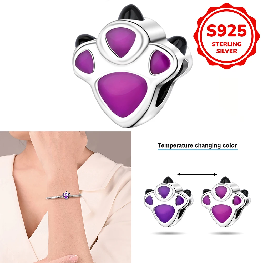 925 sterling silver pink cute dinosaur paw print beads suitable for original bracelet, men's and women's DIY jewelry gift