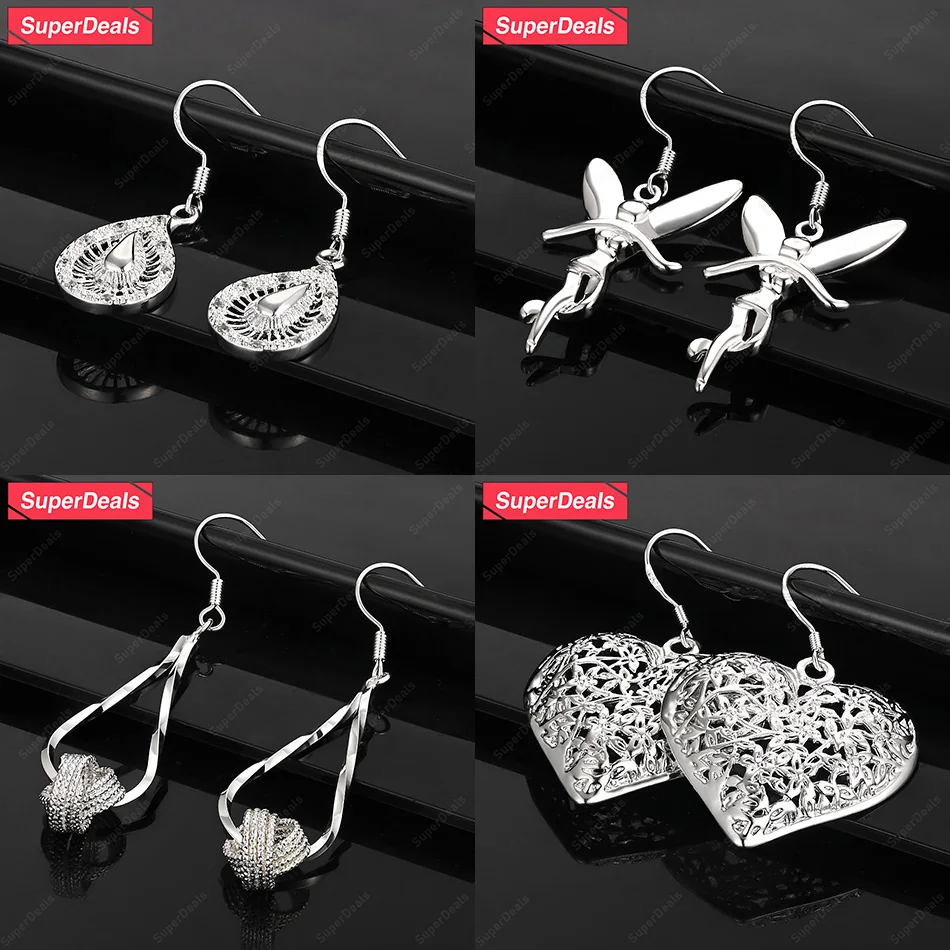 

SuperDeals 925 Sterling Silver Hollow Water Drop Heart Fairy Double-loop Drop Earrings Women Engagement Party Beautiful Jewelry