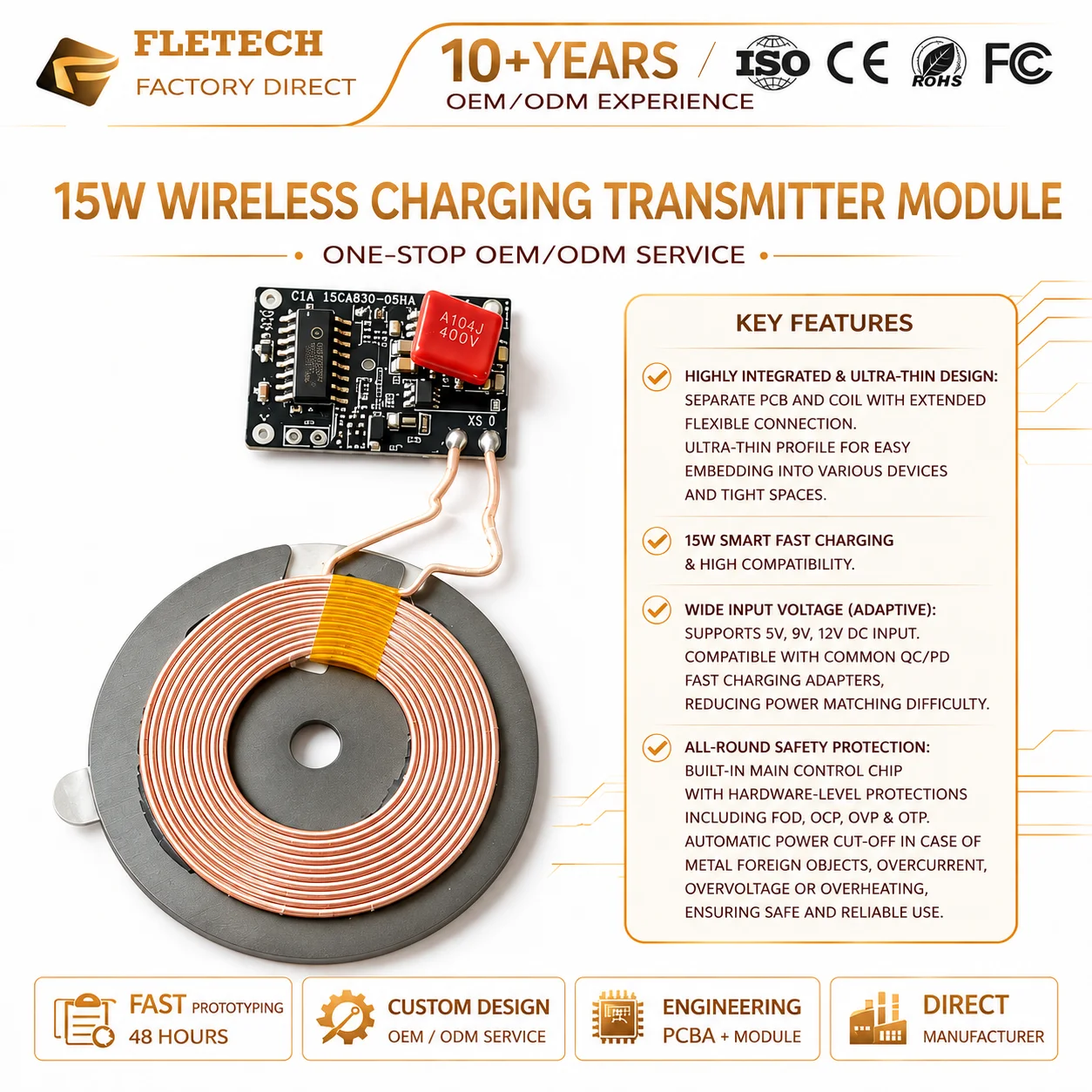 15W Wireless Charger Transmitter Module Circuit Board PCBA Component Single Coil 5V/9V/12V Power Supply Input for Car Furniture
