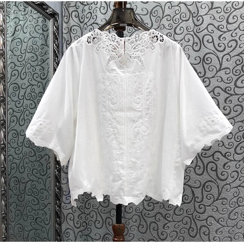 High Quality Linen Blouses 2024 Autumn Women Crochet Lace Embroidery Half Sleeve Casual Loose Tops Ladies White Cotton Shirt