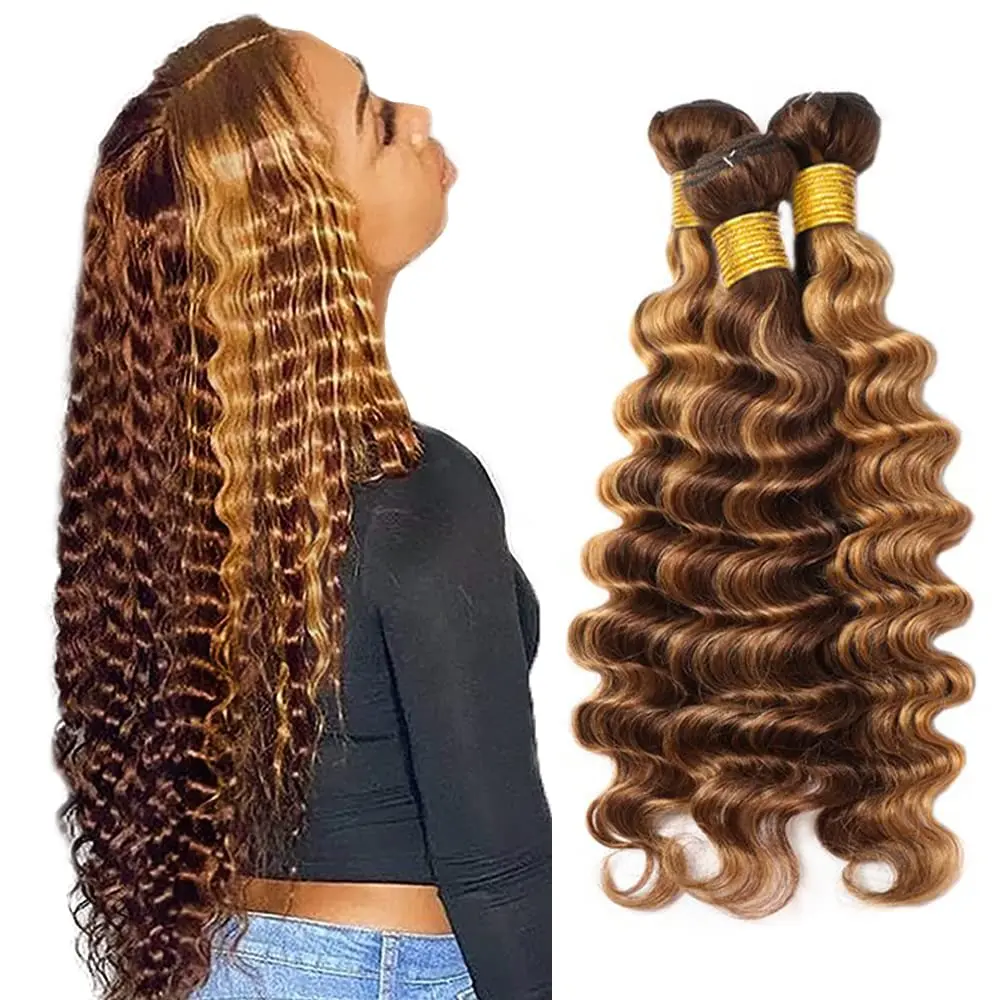 Highlight Deep Wave Bundles P4/27 Human Hair Bundles 20 22 24 Inches 12A Brazilian Virgin Human Hair Extensions 100% Human Hair