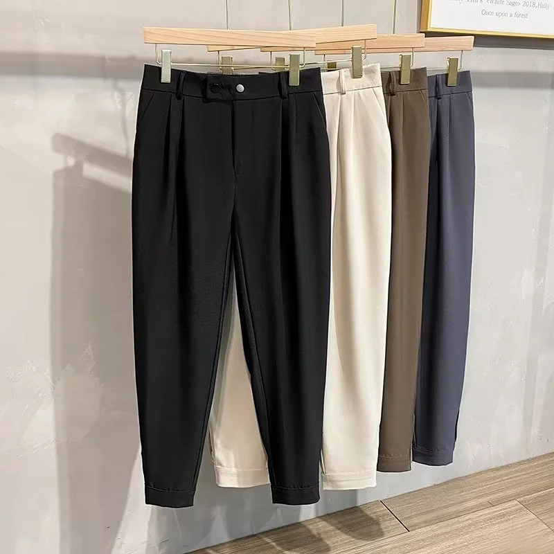 

Ice Silk Men's Summer Drapey Straight Leg Thin Long Pants Casual Faionable Nine Points Trousers Busin Gentleman Sle