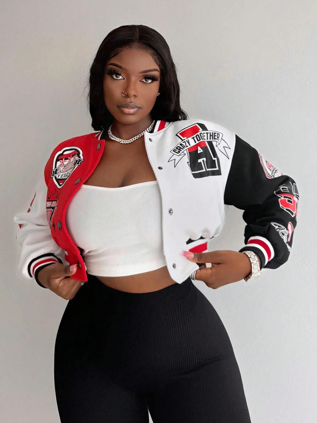 

Colorblock Graphic Print Baseball Jacket for Women, Autumn Winter Streetwear Style