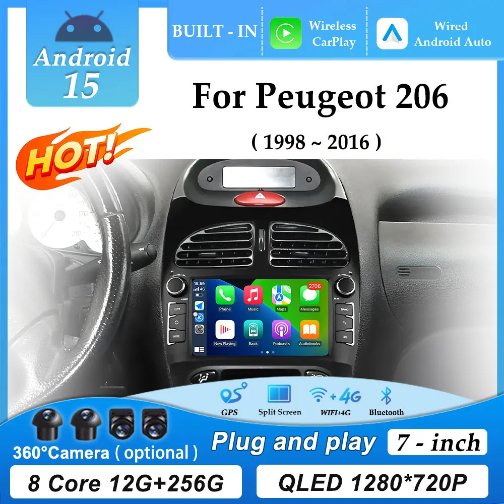 

7-дюймовый GPS-навигатор Android 15 для Peugeot 206 (1998-2016) с CarPlay, разделенным экраном, DSP, автомобильным радио, Wi-Fi, Bluetooth, мультимедийным плеером и видео