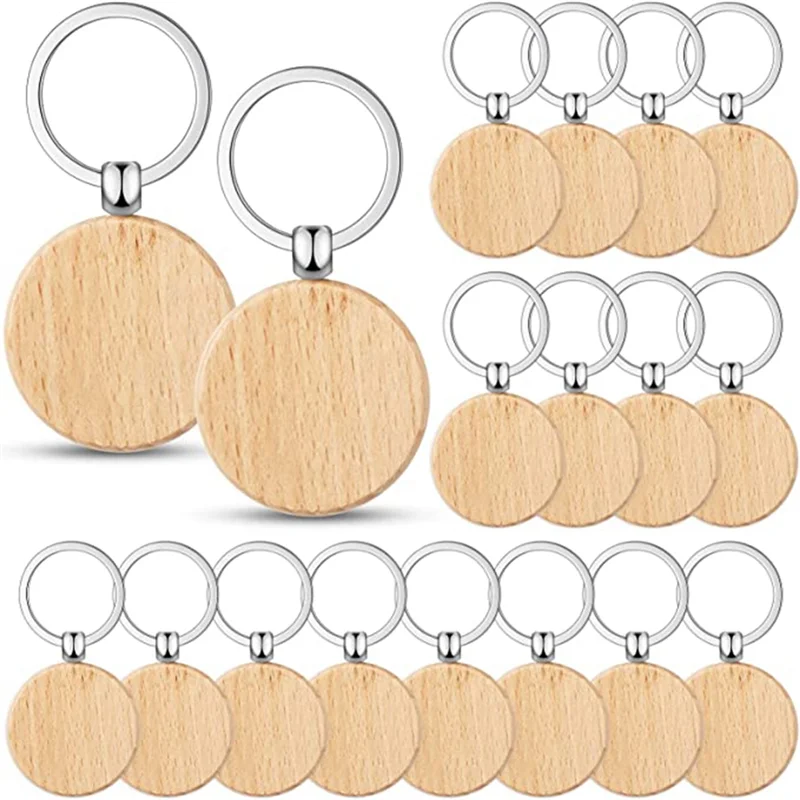 50 Pieces Blank Wooden Key Tag Key Engraving Blanks Unfinished Wood Keychain Key Ring Key Tags for DIY Crafts,Round