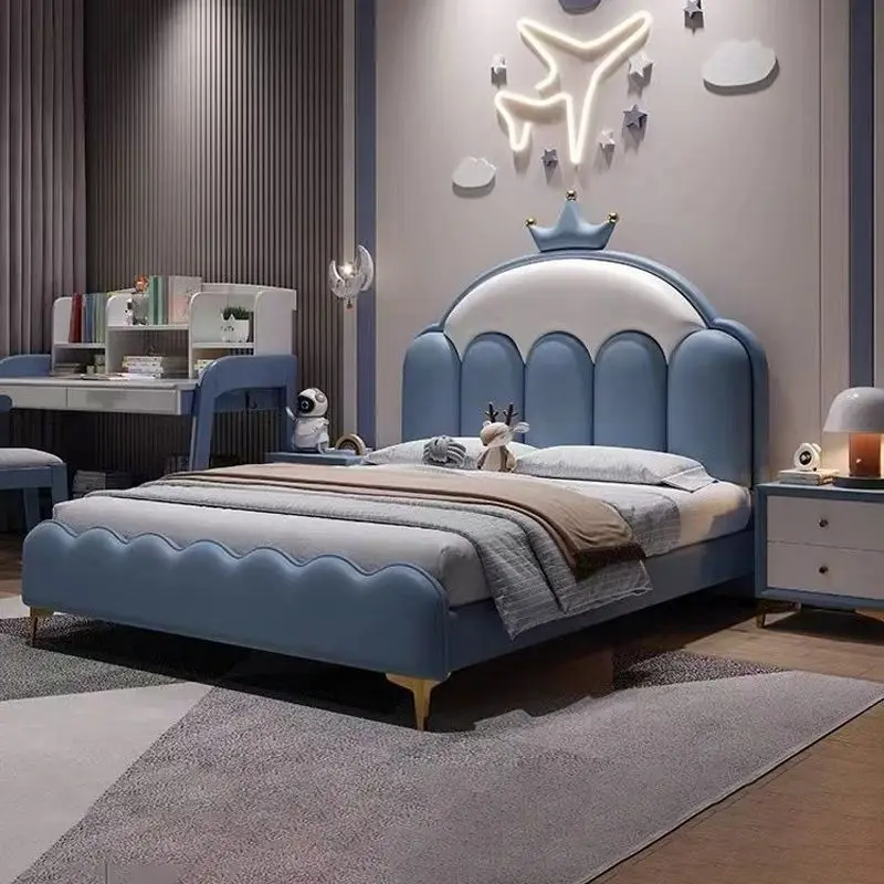 New  Beds, Girls, Princess Beds, Single Beds, Modern Minimalist, Crown Leather Beds for Young Boys