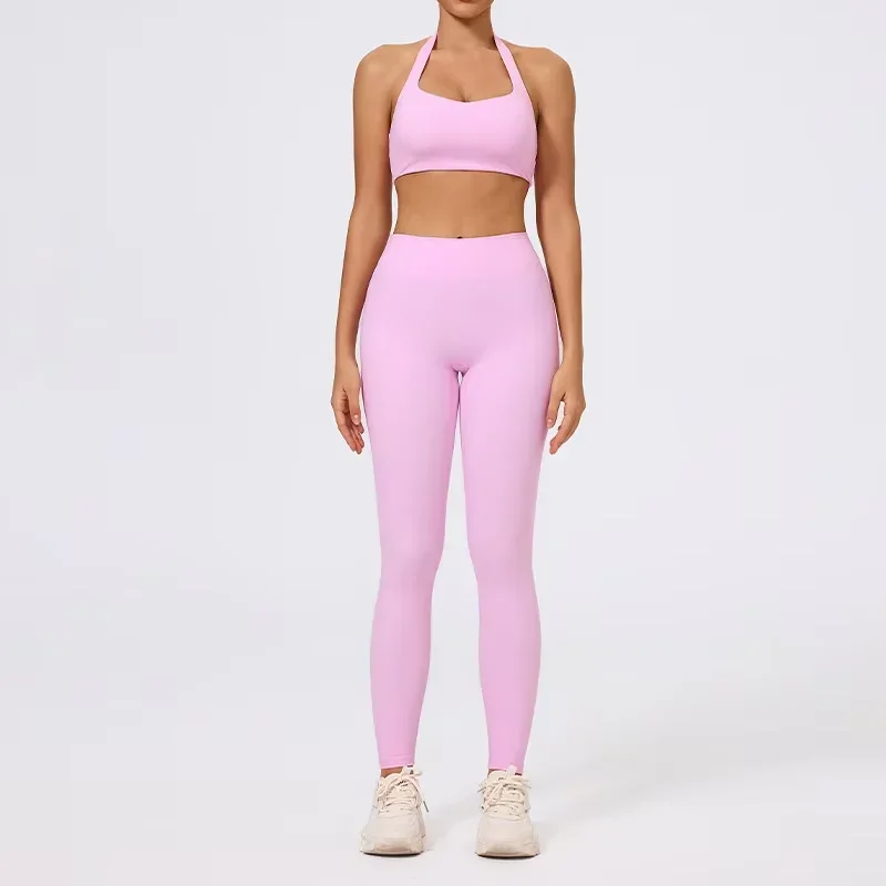 

Женский комплект для йоги с высокой талией и контролем живота, спортивный бюстгальтер с бретелькой на шее и леггинсы без переднего шва, дышащий спортивный костюм