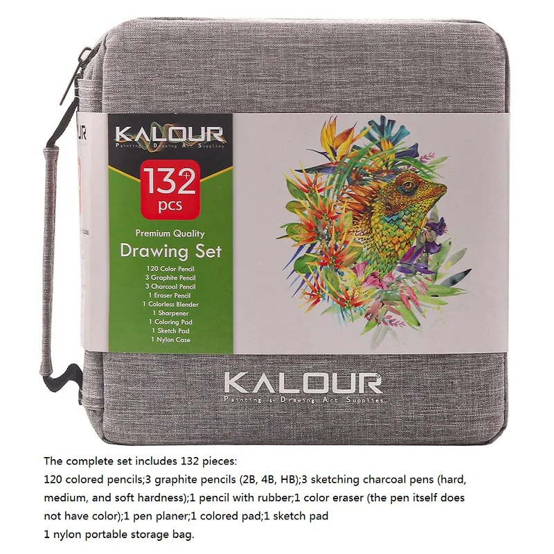 KALOUR 132 Colored Pencils Art Supplies Set Lapices With Adult Coloring Book and Sketch Book Artist Blender Zipper Travel Case