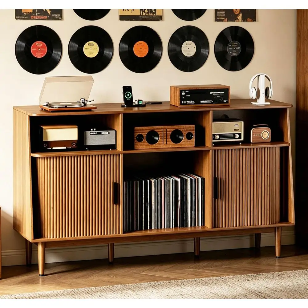 

Record Player Stand with Vinyl Storage, Century ern Vinyl Storage Cabinet with Power Outlet and Sliding Do, Turntable Stand Tabl