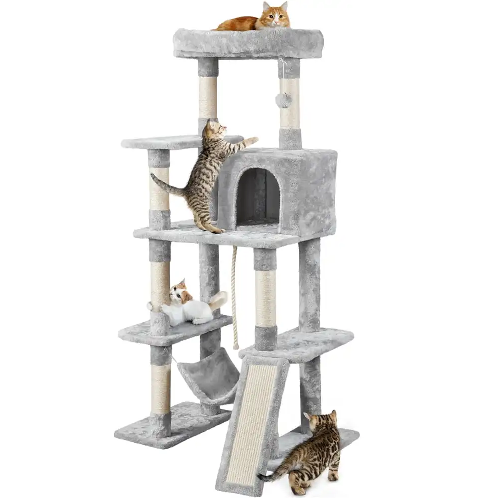 

63 H Cat Tree Tower with Hammock and Scratching Posts, Light Gray