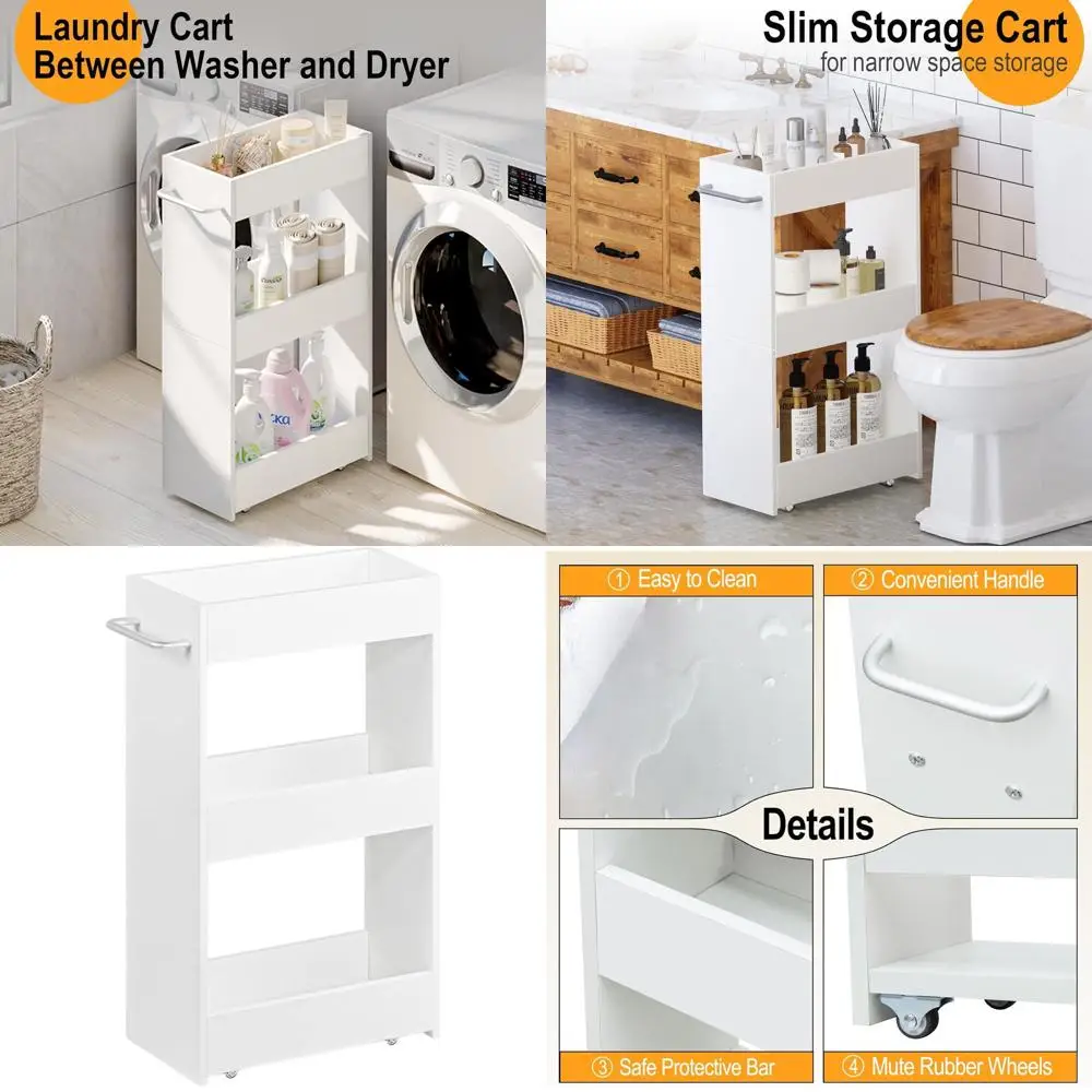 

Трехуровневая белая узкая тележка на колесиках с ручкой для кухни, прачечной и ванной комнаты — идеально подходит для небольших помещений