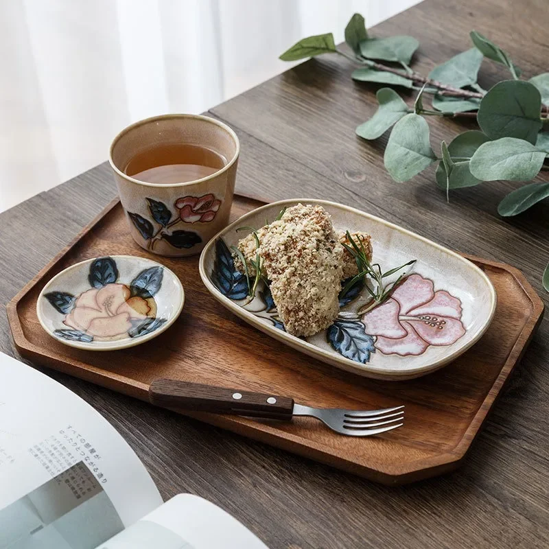 

Okinawa rose hand-painted style natural kiln transformed ceramic plate underglaze colored Japanese porcelain
