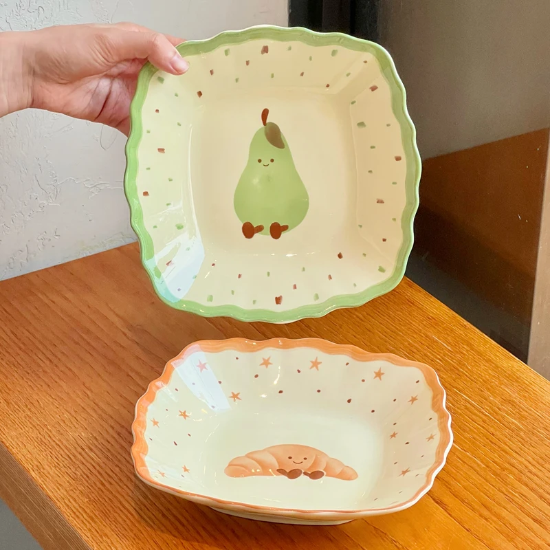 

Керамическая квадратная тарелка с милыми мультяшными фруктами, новая бытовая 8-дюймовая подглазурованная цветная обеденная тарелка, красивая утолщенная фарфоровая посуда