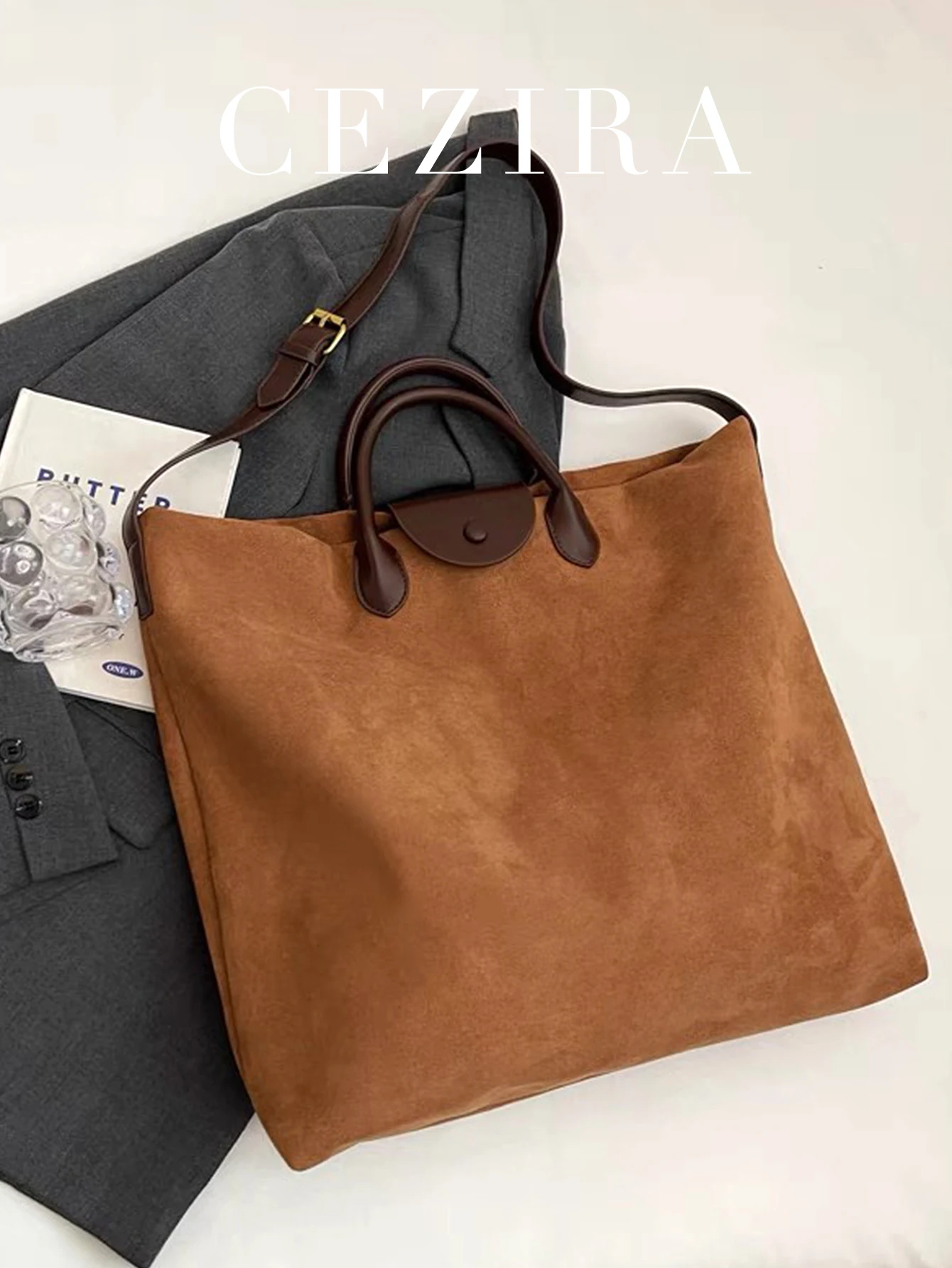 

CR женская винтажная повседневная сумка-тоут в консервативном стиле большой емкости из искусственной замши, сумка через плечо, универсальная сумка для повседневного путешествия и поездок на работу