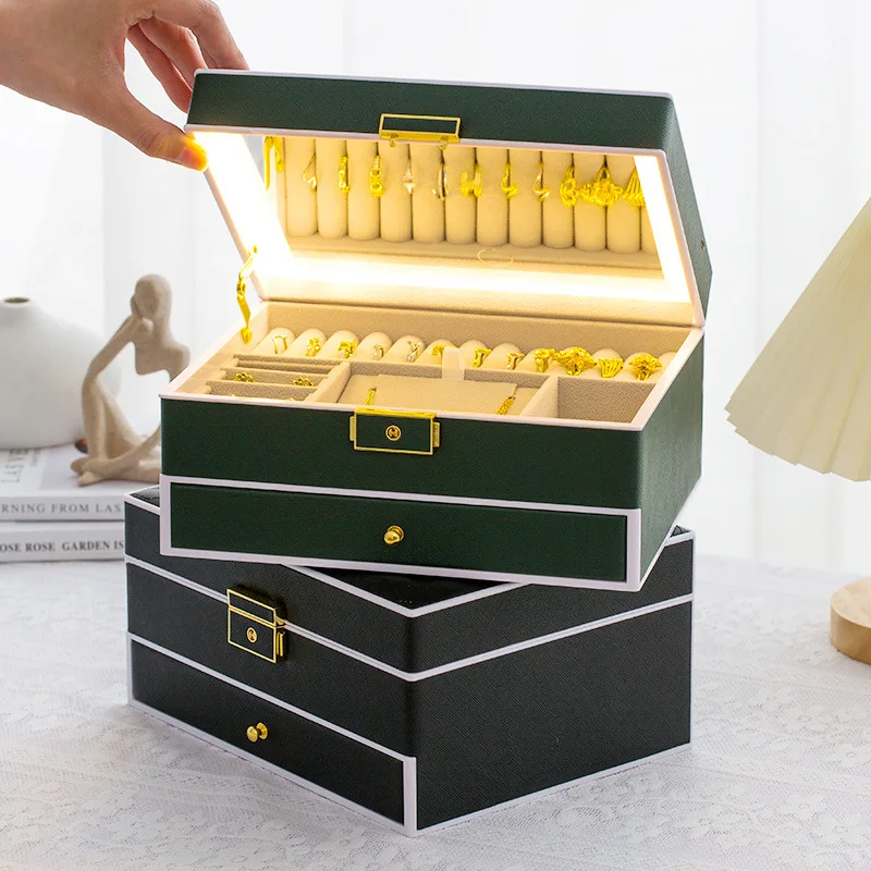 PU Square Leather Jewelry Box With Mirror LED Light Portable Large Capacity Drawer Organizer Travel Gifts for Women